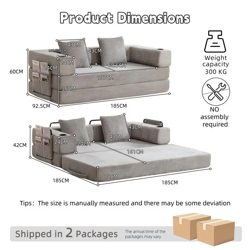 Convertible Floor Sofa Bed with Cup Holder, Light Grey