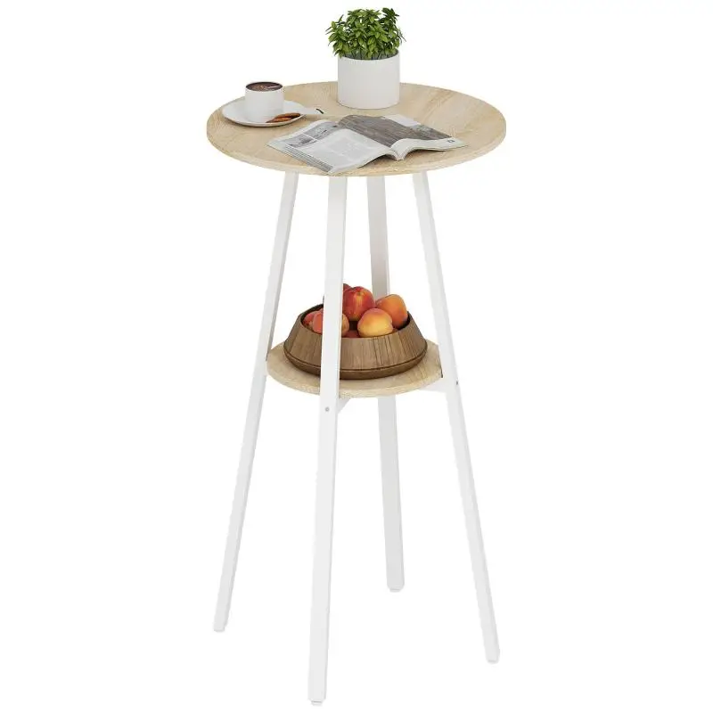 Round High Table with Shelf, Wood and White