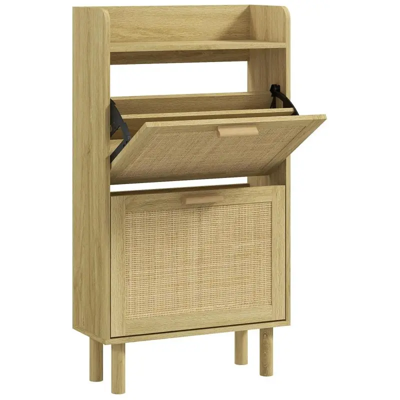 Narrow Entryway Shoe Cabinet with 2 Tilt-Out Drawers, Adjustable Shelves, and Top Shelf – Oak