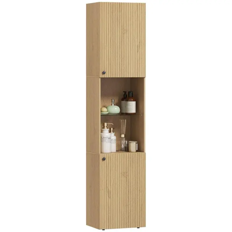 Slim Bathroom Tall Cabinet with 6 Shelves, Oak Finish