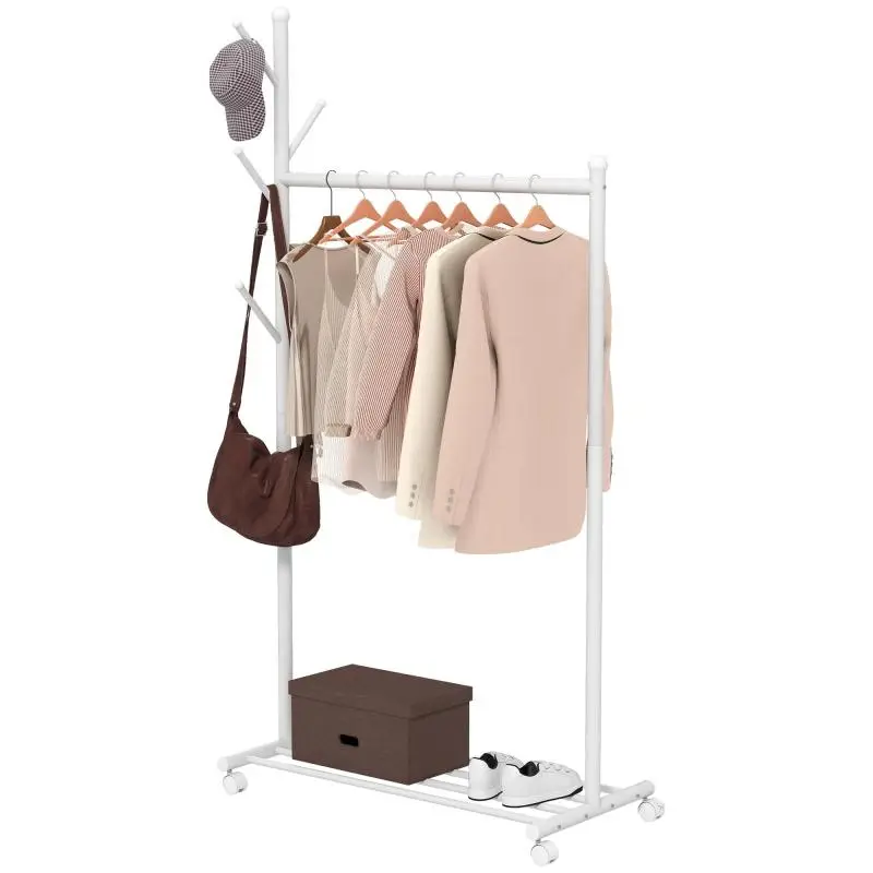 Freestanding Metal Coat Rack with Wheels, White