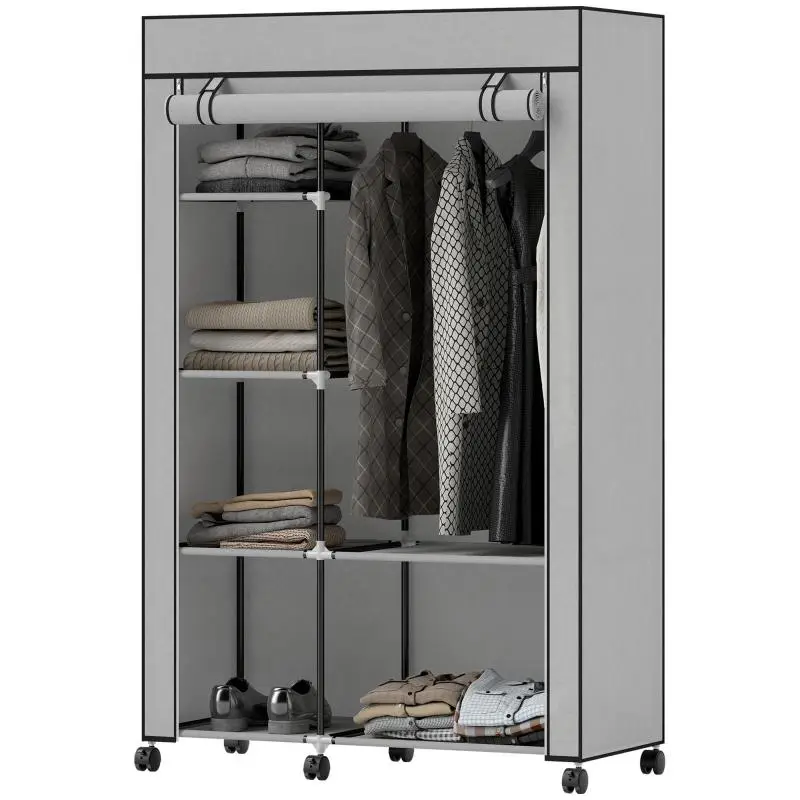 Portable Fabric Wardrobe with Wheels, 6 Shelves