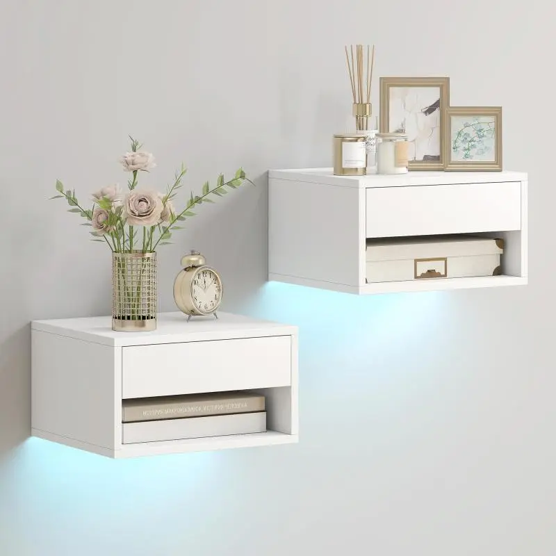 Set of 2 Wall-Mounted Bedside Tables with LED Lights