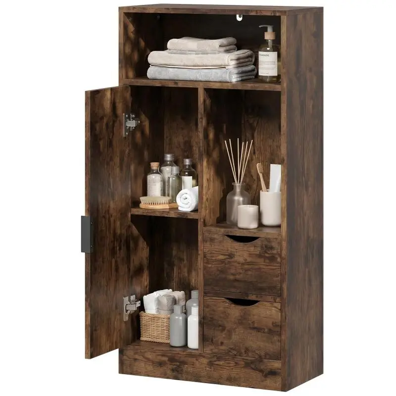 Slim Bathroom Cabinet with Drawers and Open Compartments