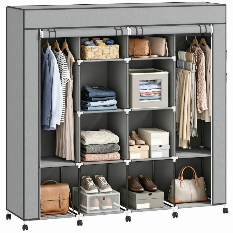Portable Fabric Wardrobe with Wheels, 10 Compartments, Dark Grey