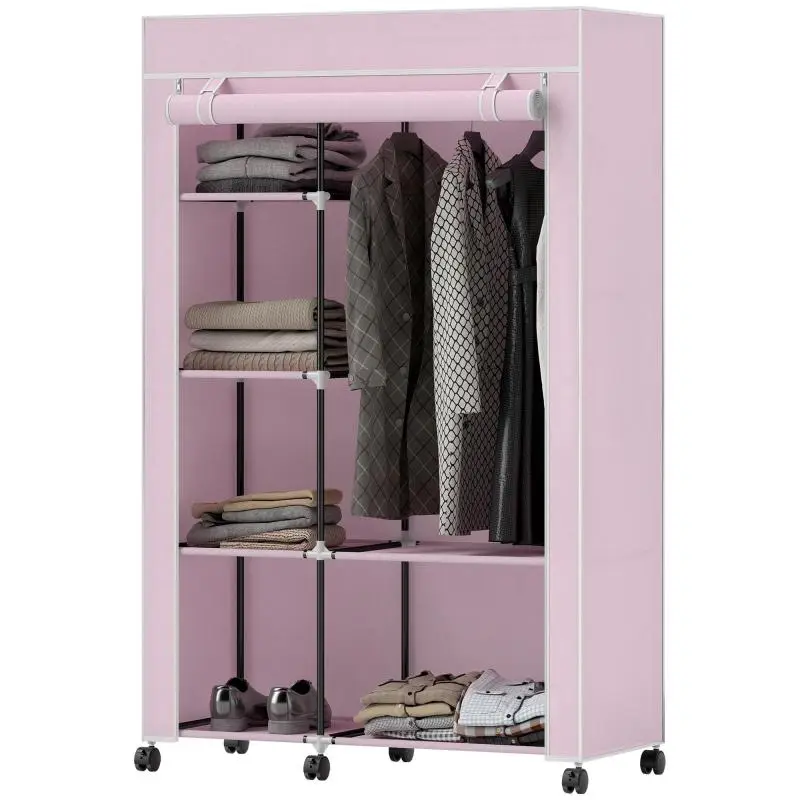 Fabric Wardrobe Storage Unit with Wheels, Pink
