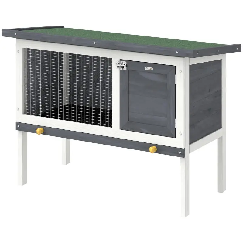 Wooden Rabbit Hutch with Hinged Roof and Sliding Tray, 90 x 45 x 65 cm, Grey