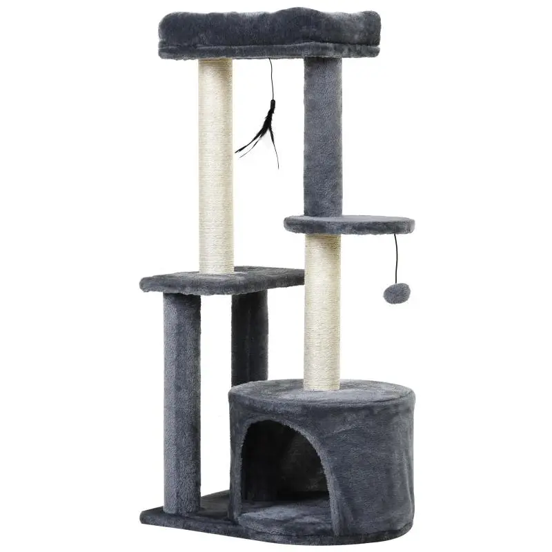 Cat Tree with Hideaway, Platforms and 2 Hanging Toys, Grey