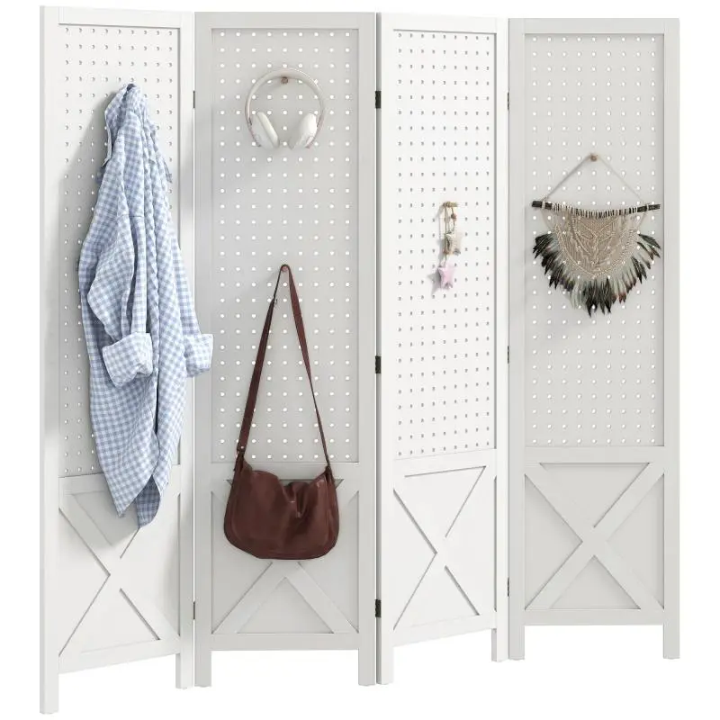 4-Panel Wooden Folding Room Divider, 152 x 1.7 x 144.5 cm, White