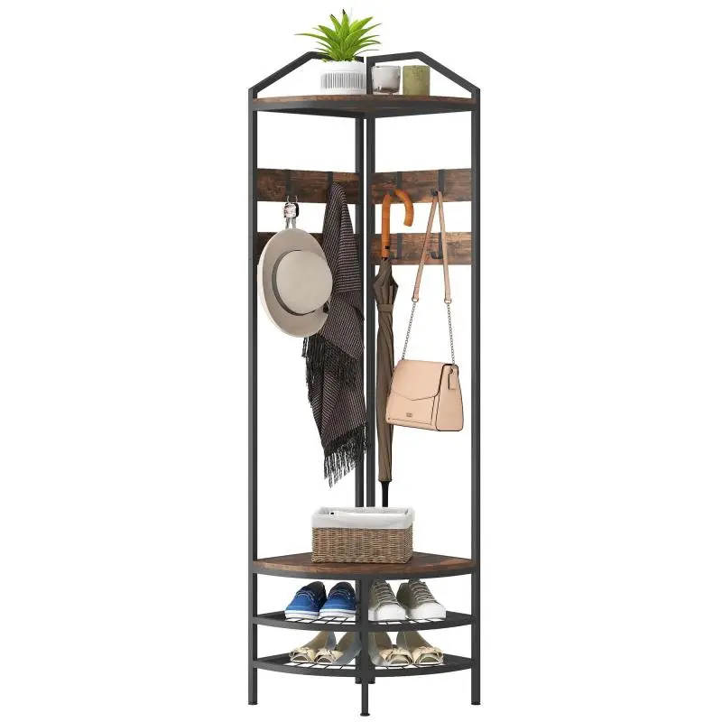 Corner Entryway Unit with Coat Rack and Shoe Storage