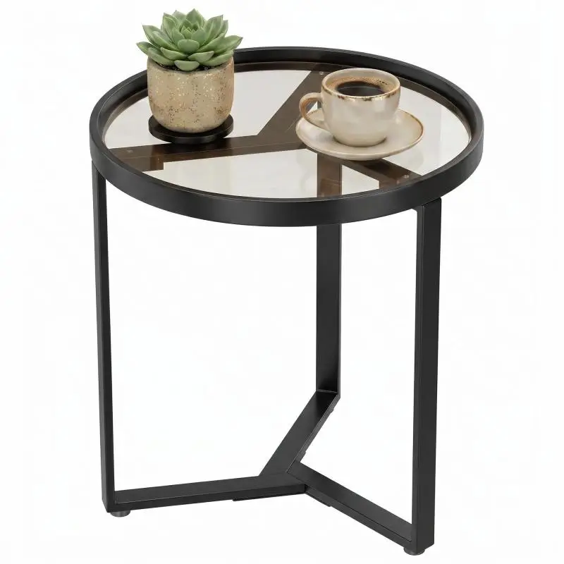 Round Side Table with Tempered Glass Top, Black
