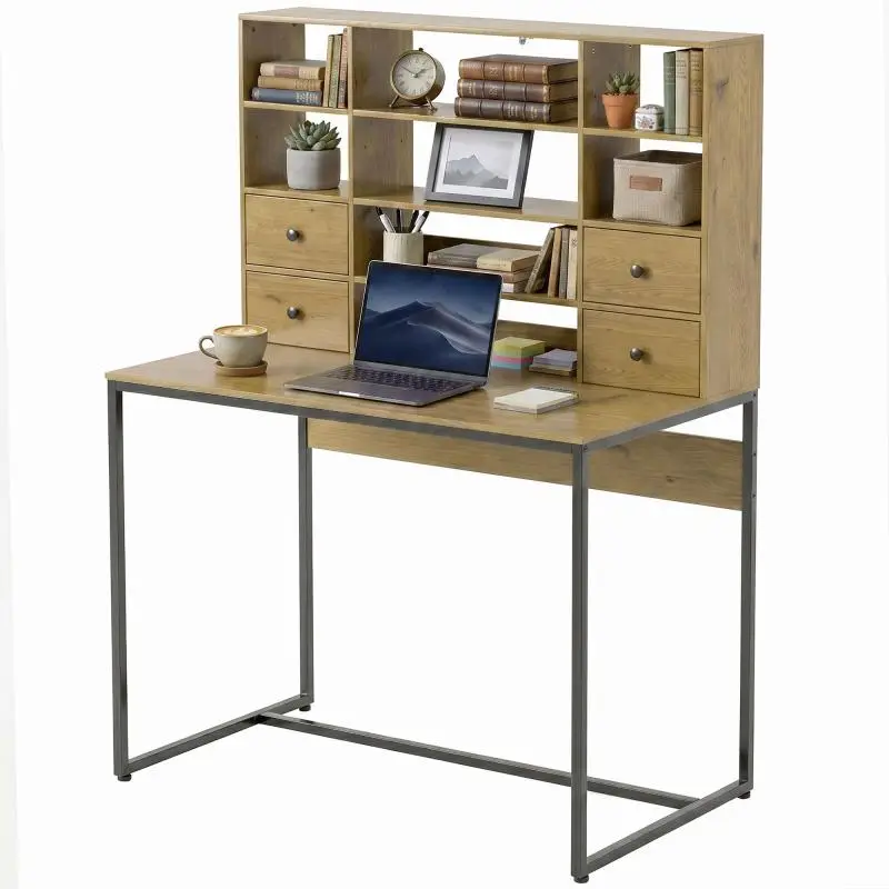 Computer Desk with 4 Drawers and Shelves, Natural Wood