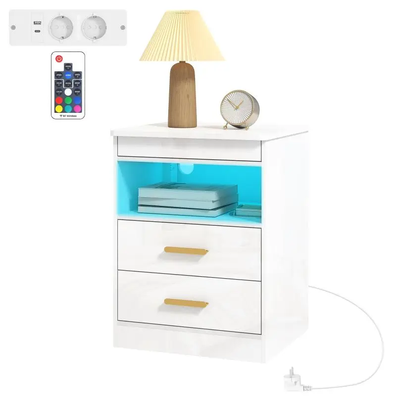 Bedside Table with Charging Station and LED Lights