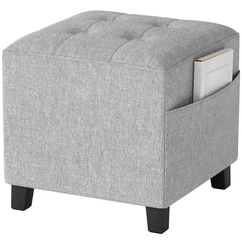 Square Footstool with Side Pocket, Light Grey