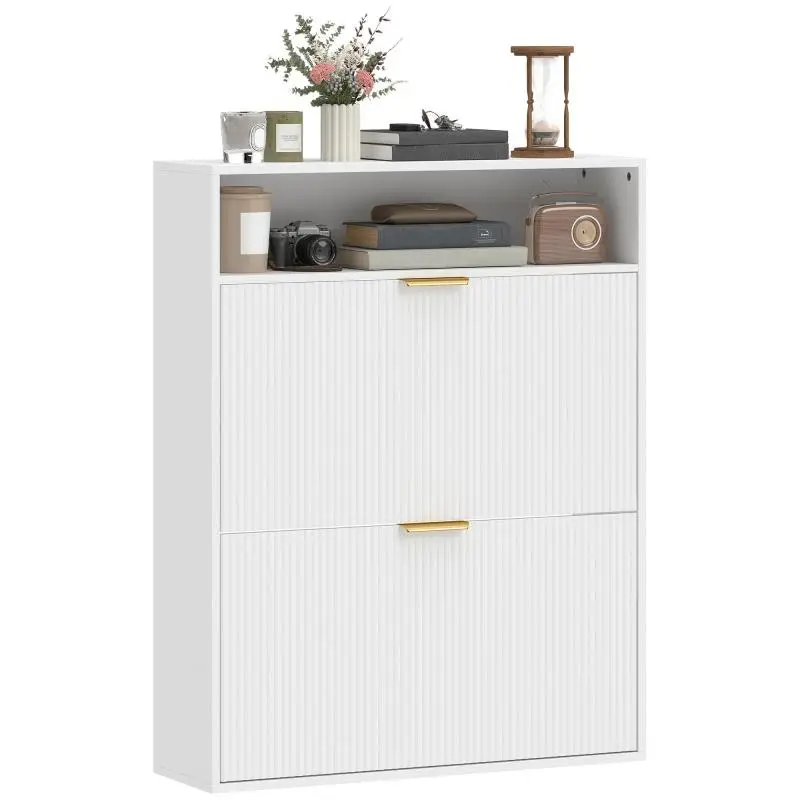 Narrow Shoe Cabinet with 2 Tilt-Out Compartments, White
