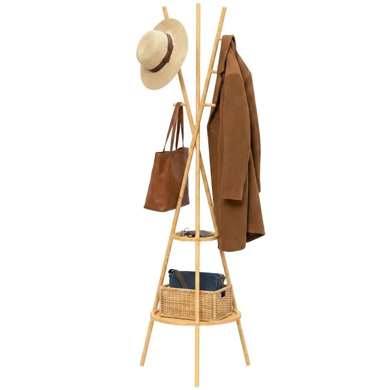 Freestanding Coat Stand with 9 Hooks and 2 Shelves