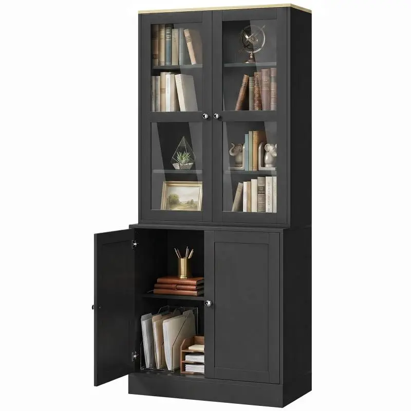 Grey 6-Tier Bookcase with Glass Doors
