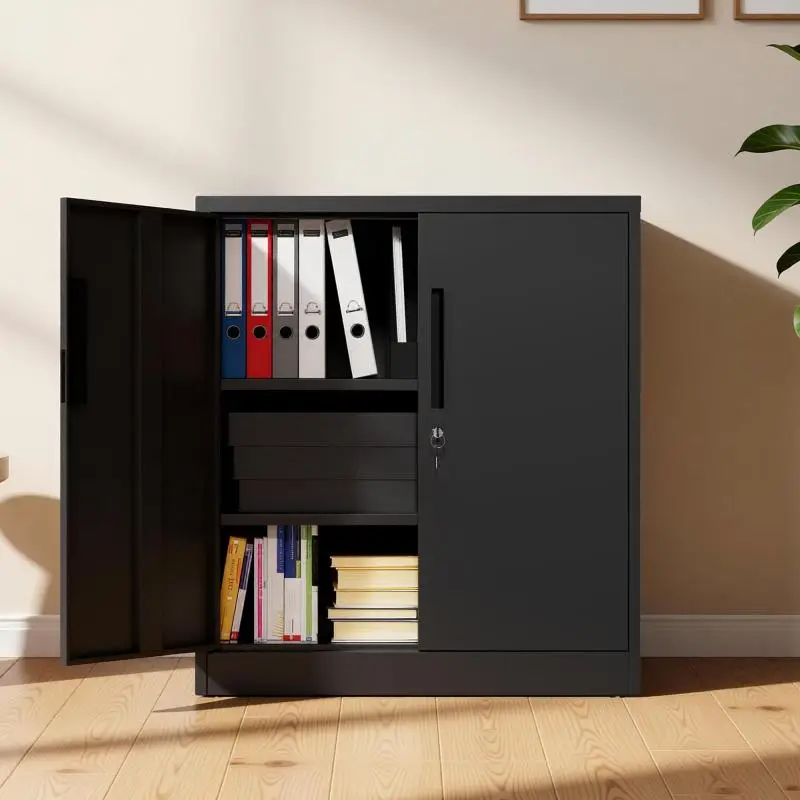 Metal storage cabinet with two lockable doors and two adjustable shelves; a small, tip-resistant steel cabinet for garage and home use; black; self-assembly required.