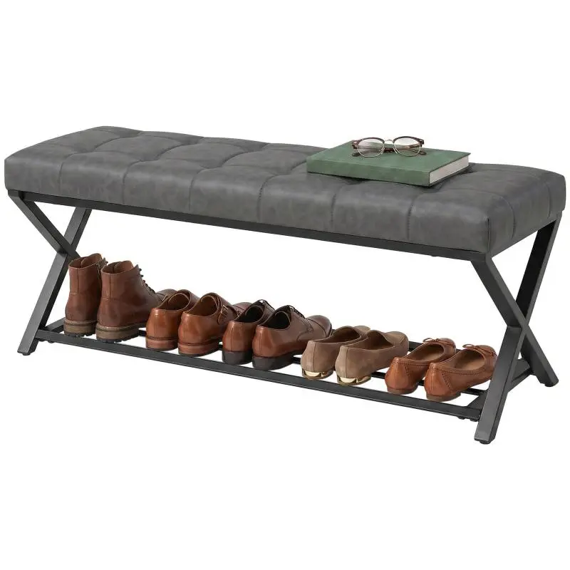 Shoe Bench with Faux Leather Cushion, 112 cm