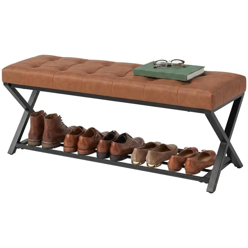 Shoe Bench with Faux Leather Seat, Brown