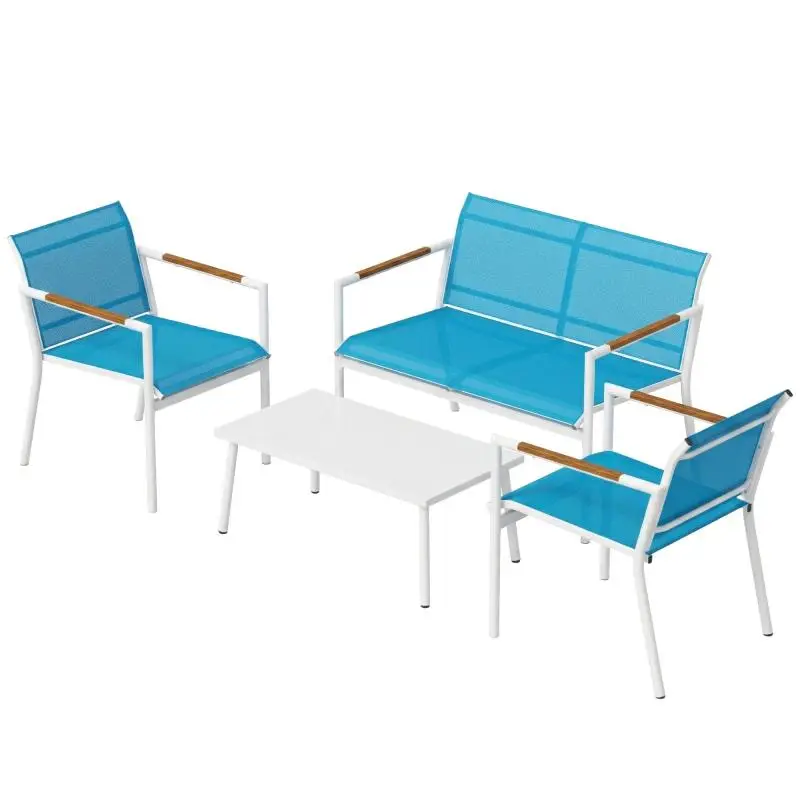 4-Seater Garden Set: Sofa, Armchairs, Metal Table – Blue.
