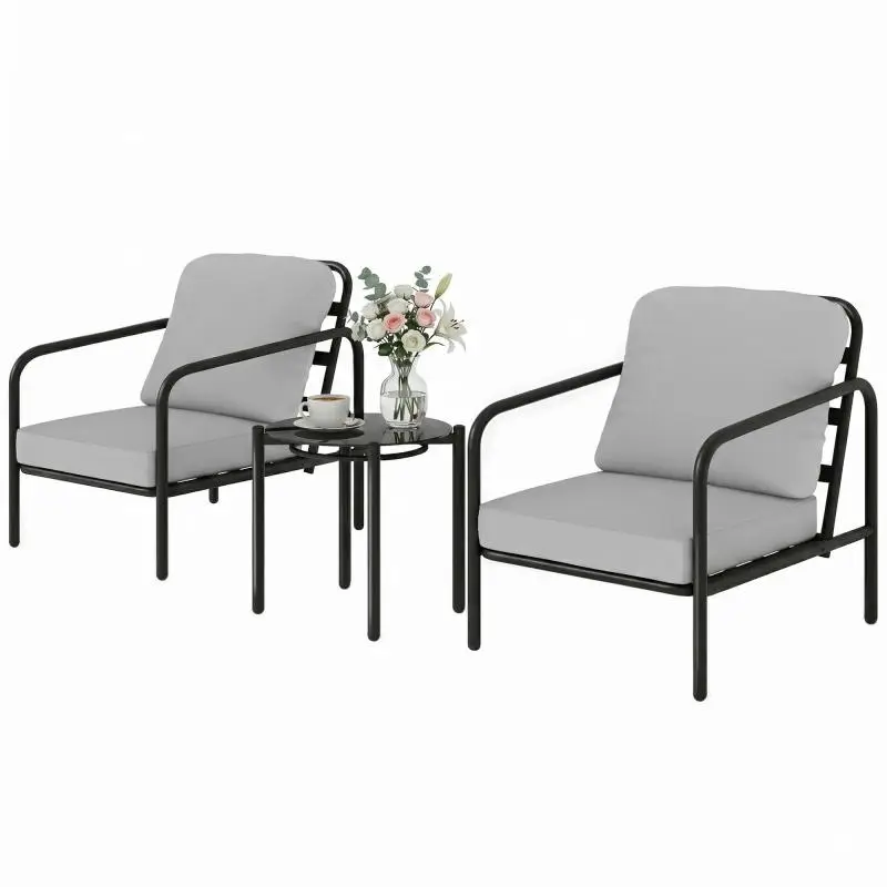 3-Piece Steel Bistro Set with Thick Cushions and Tempered Glass Table
