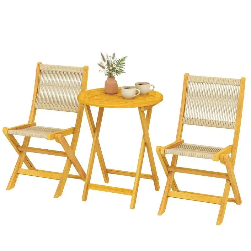 3-Piece Balcony Furniture Set – Foldable Poly-Rattan & Wood Garden Set with Table and 2 Chairs – Breathable