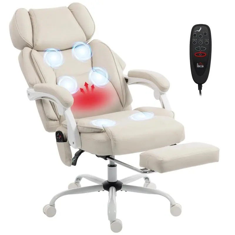 High-Back Office Chair with Massage and Footrest, Cream White