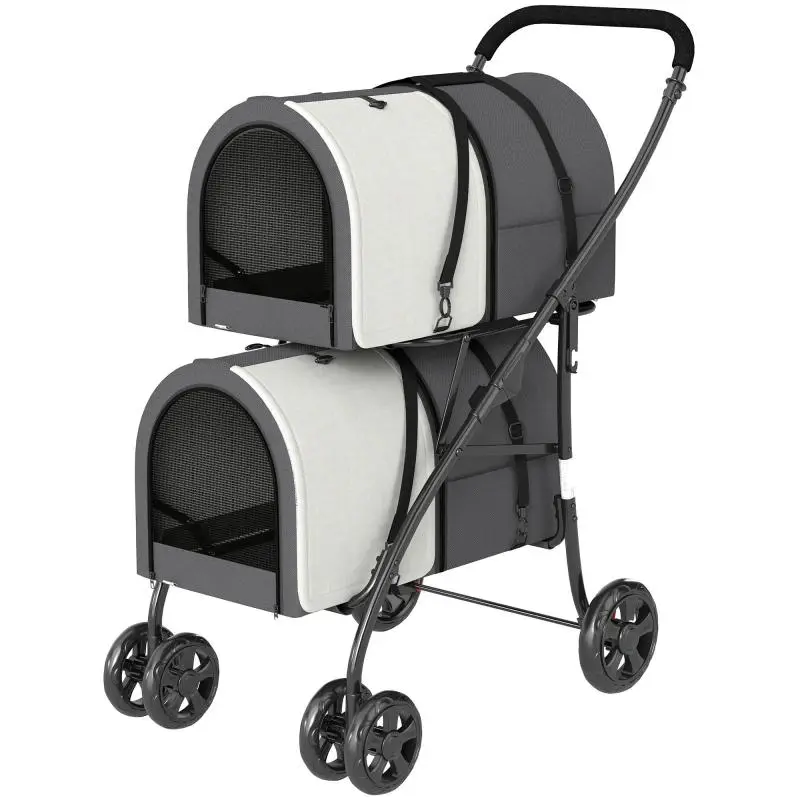 Foldable Double Pet Stroller, Dark Grey