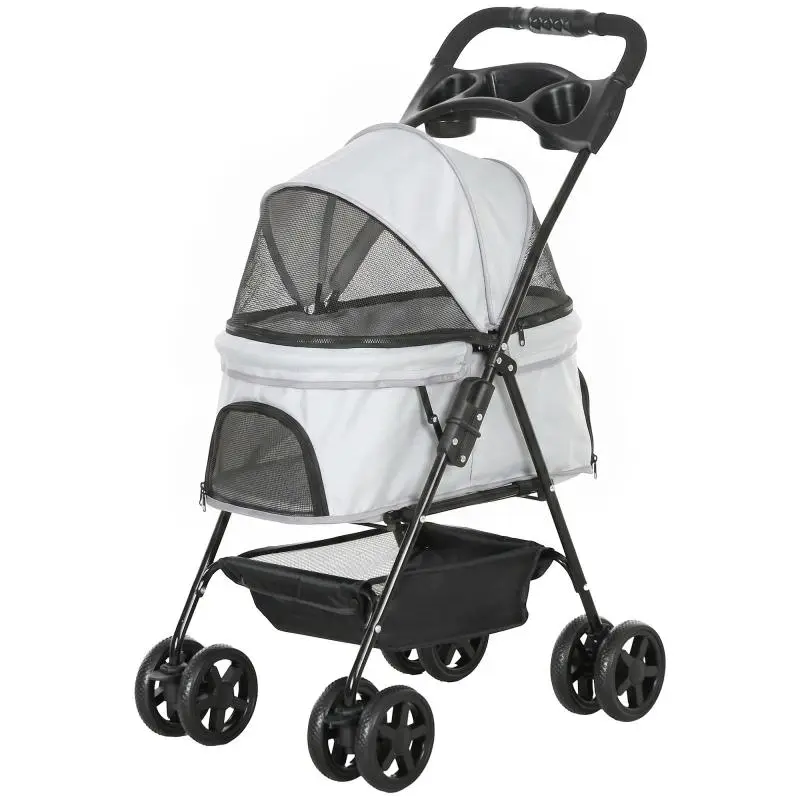 4-Wheel Pet Stroller with Basket, Light Grey