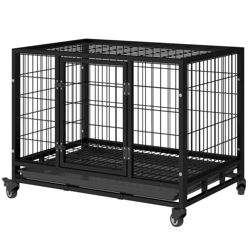 Metal Dog Cage with Wheels, 92 cm