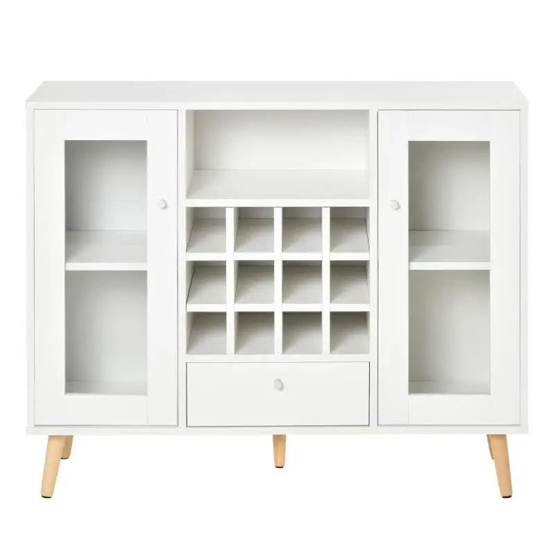 Kitchen Sideboard with Bottle Rack, Drawer, Open Shelf and 2 Cabinets with Glass Doors 100x33x80 cm White
