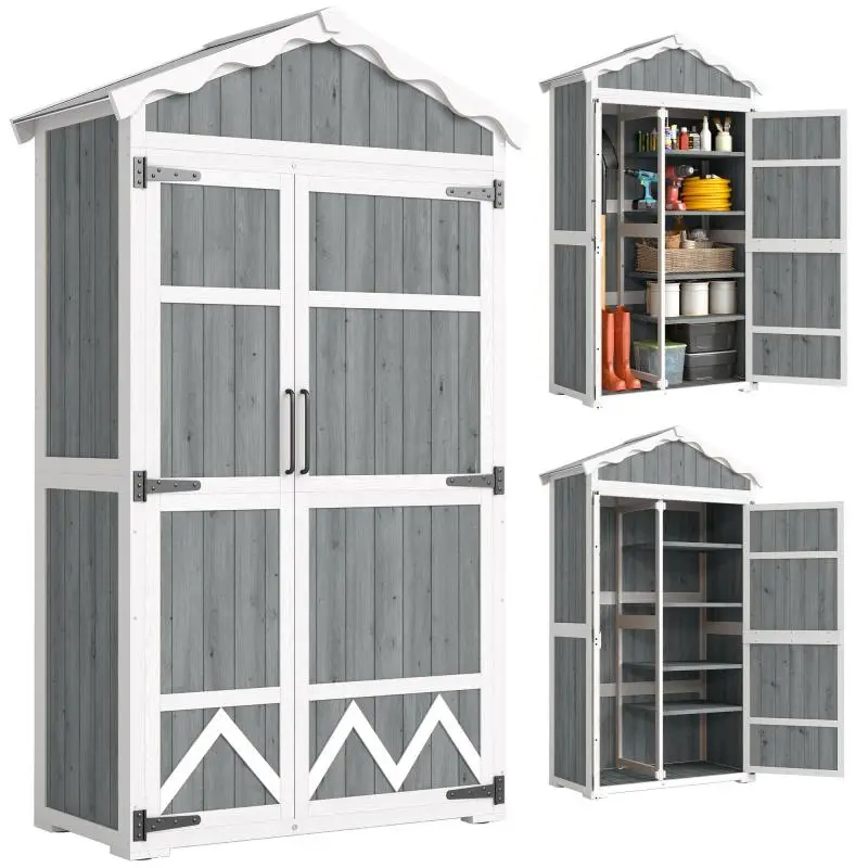 Wooden Garden Shed with 4 Shelves, Grey