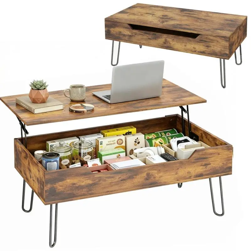 Lift-Top Coffee Table with Hidden Storage, Rustic Brown