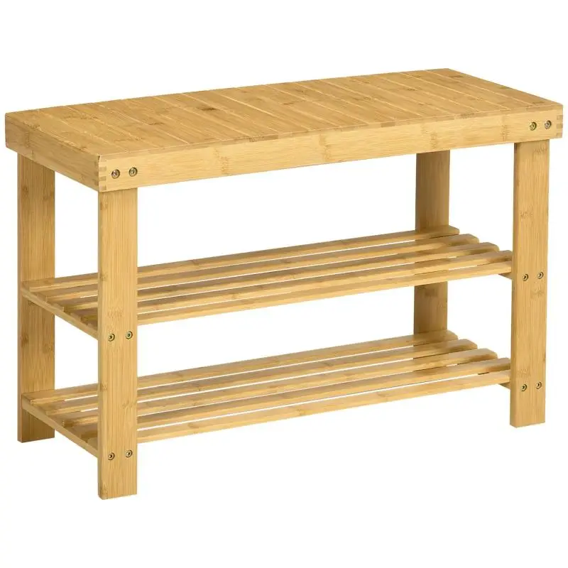 Bamboo Shoe Bench with 2 Slatted Shelves, 70 cm