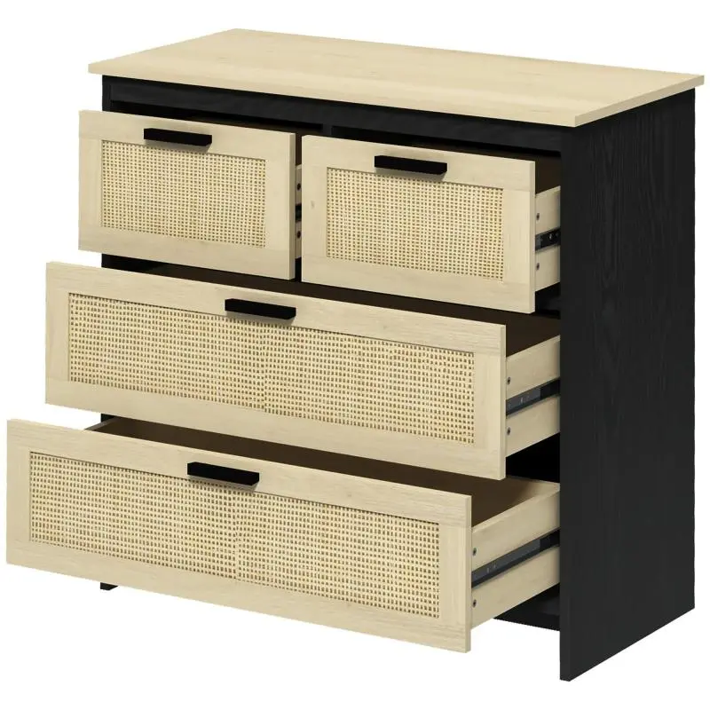 4-Drawer Particleboard and Rattan Chest of Drawers for Living Room and Bedroom, 80x38x80 cm