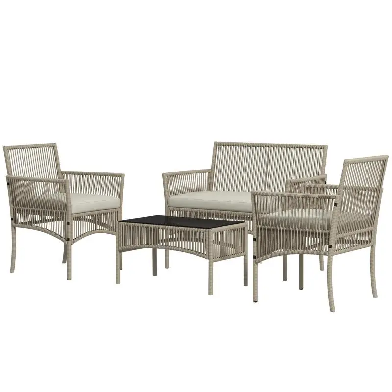 4-Piece Rattan Garden Set with Sofa and Coffee Table, Khaki and Black