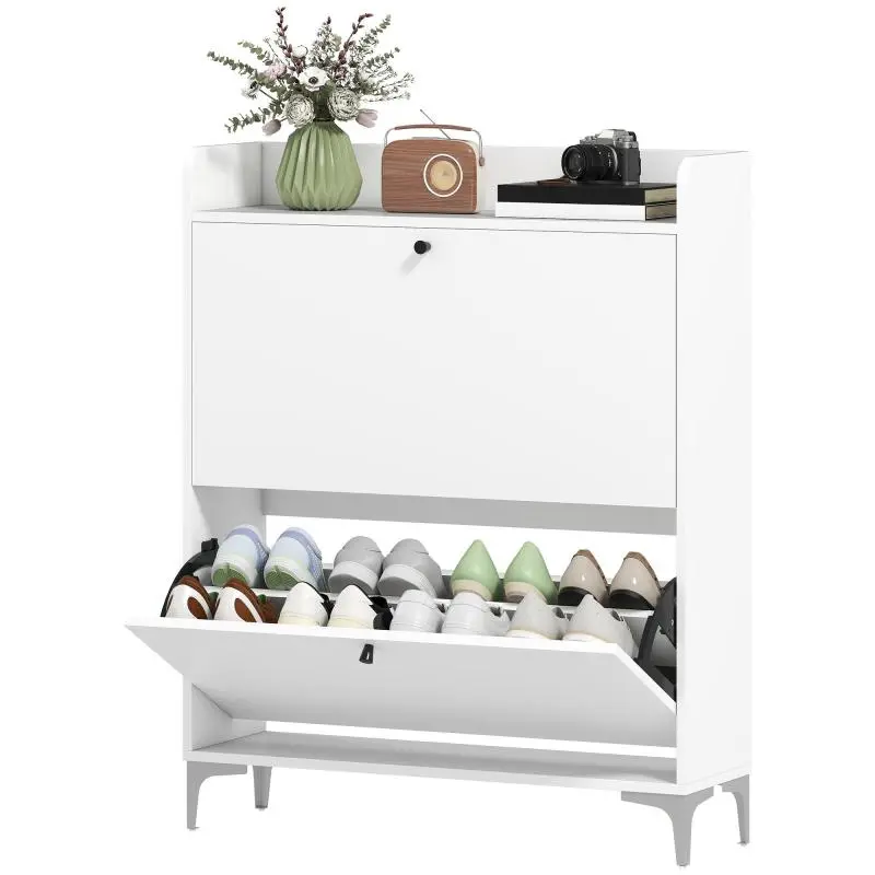 Slim Shoe Cabinet with 2 Tilt-Out Drawers, White