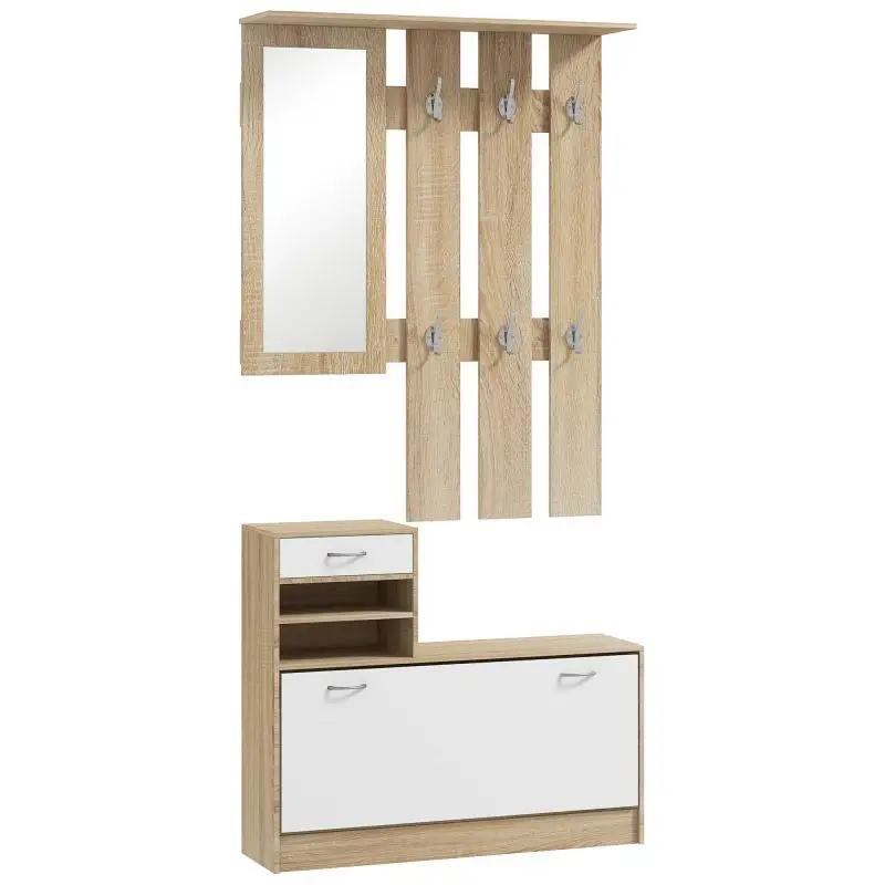 3-in-1 Coat Rack Unit with Shoe Cabinet and Mirror