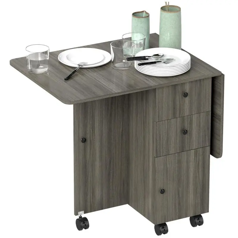 Wooden Drop-Leaf Dining Table with Storage and Castors