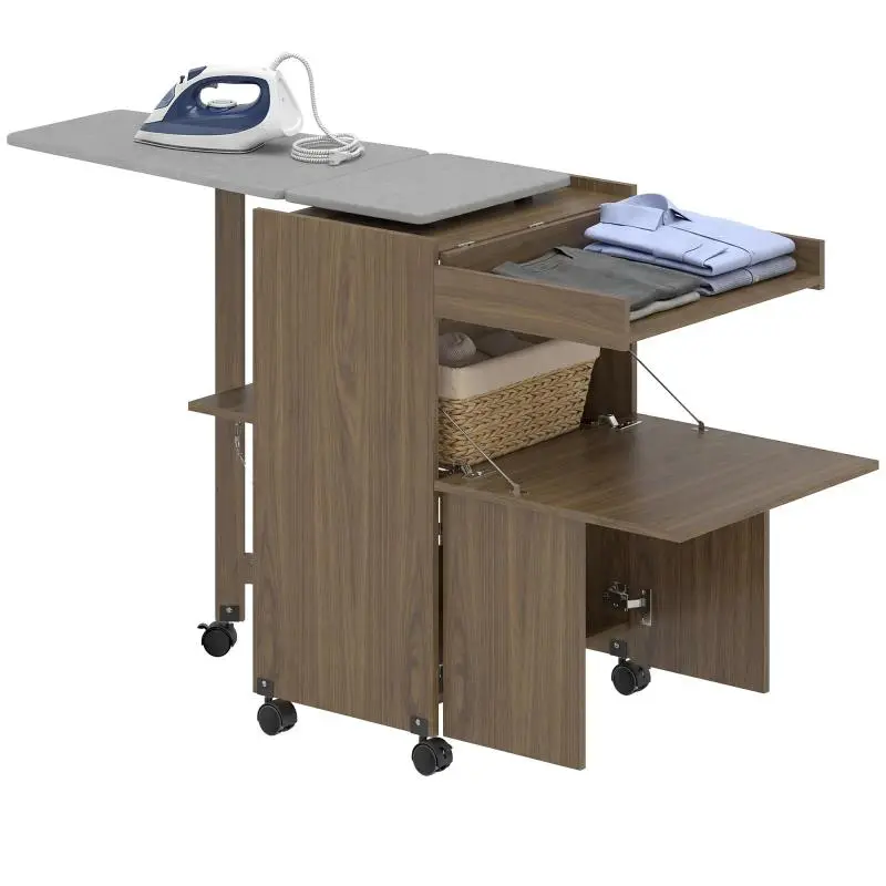 Foldable Ironing Board Cabinet with Iron and Garment Holder and Open Shelf, 154x55x87 cm, Brown