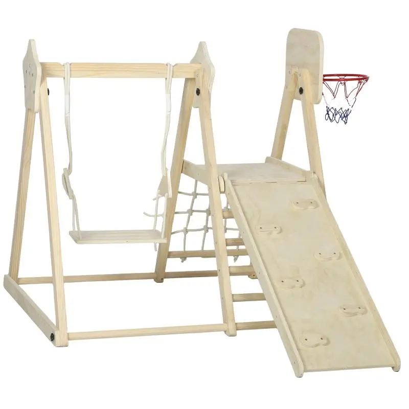 Foldable Wooden Climbing Set with Slide and Hoop