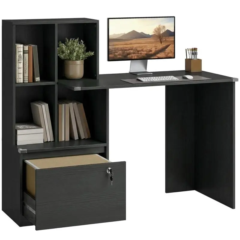 Computer Desk with Bookcase and Lockable Drawer