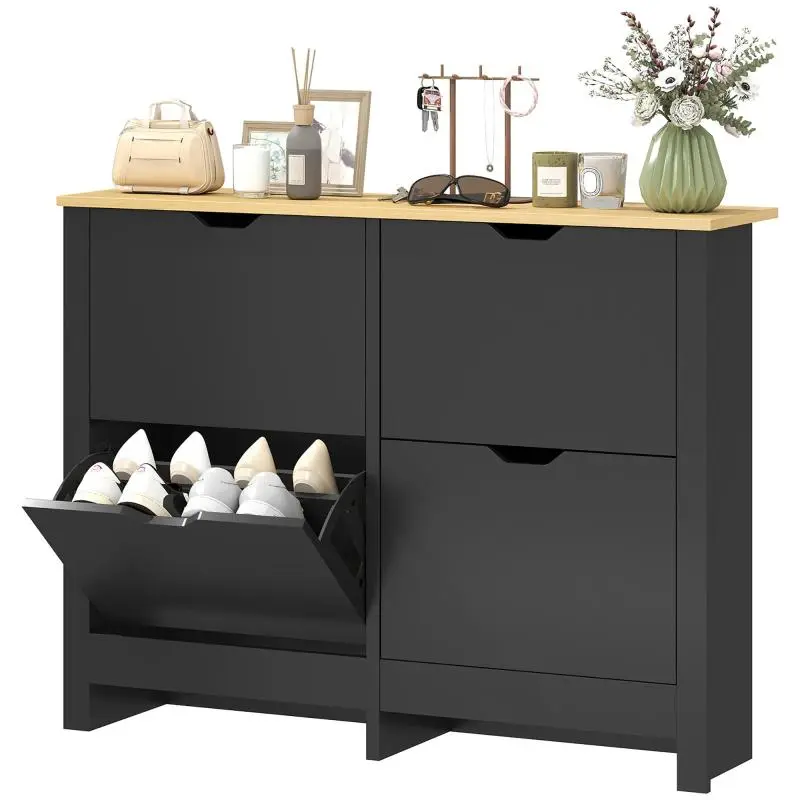 16-pair Shoe Cabinet Shoe Storage Unit with 4 Tilt-out Drawers and Adjustable Shelves, Black and Natural Wood