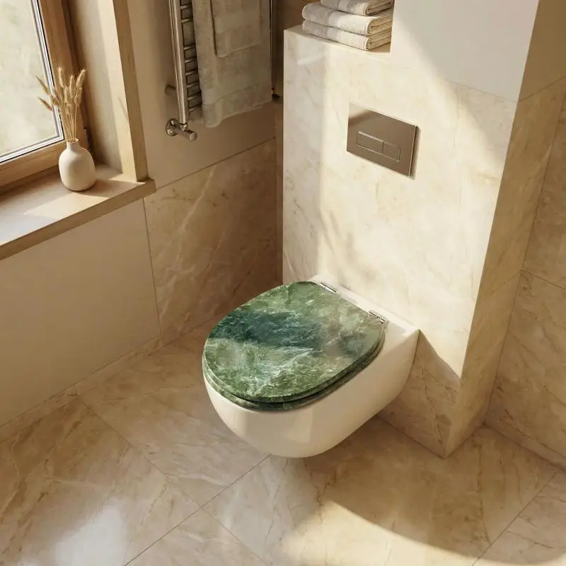 MDF Toilet Seat With automatic descent, soft hinge, medium density fiberboard wood core, toilet seat (green marble)