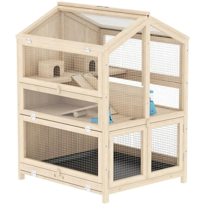 3-Tier Wooden Hamster Cage with Ramps