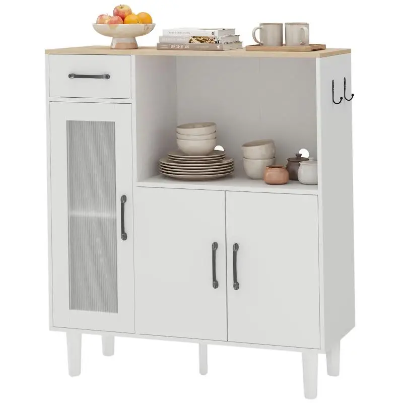 Sideboard with Drawer and 2 Cabinets, White & Oak