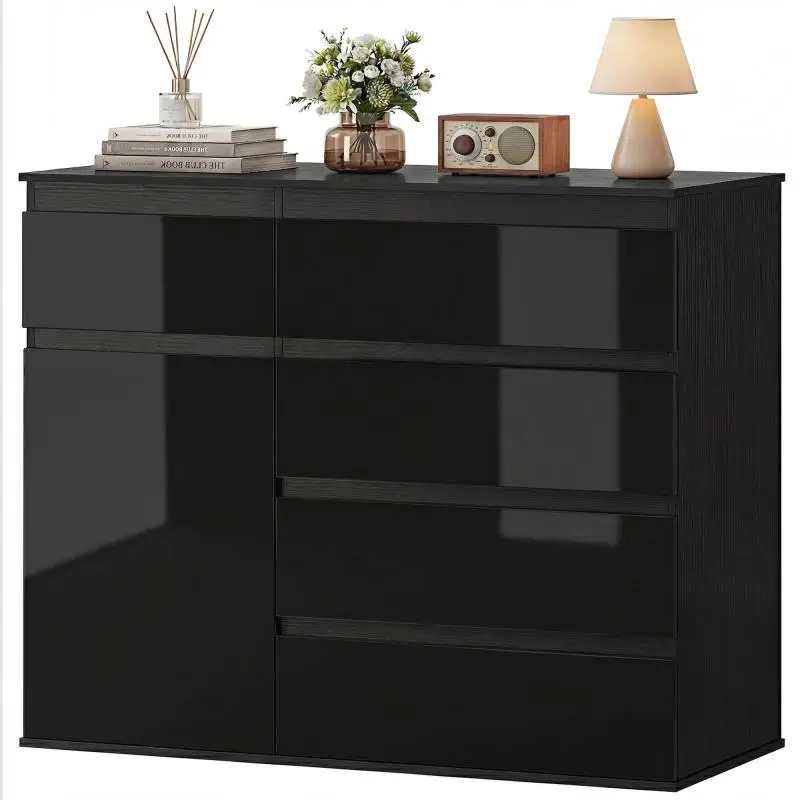 Modern sideboard, storage sideboard with 5 drawers, adjustable shelf, soft-close door, black high gloss