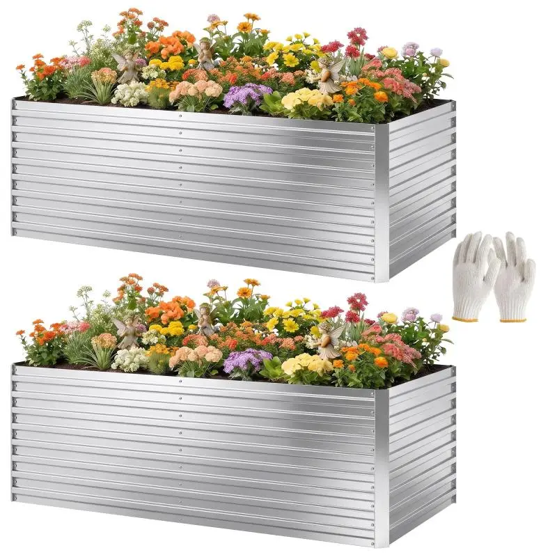 Set of 2 Galvanised Raised Garden Beds, 180 cm