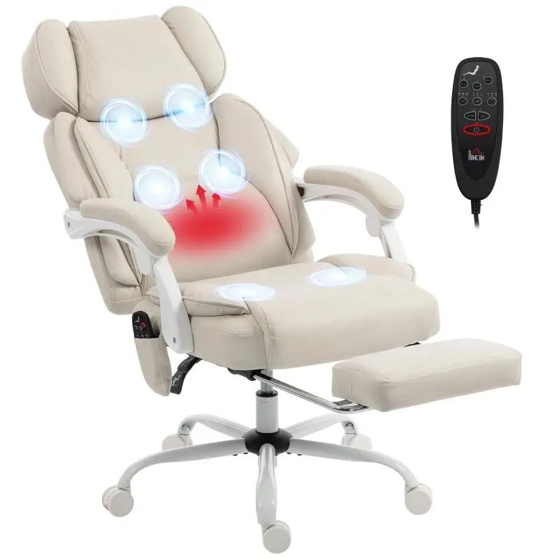 Reclining Office Chair with Massage and Footrest, Cream